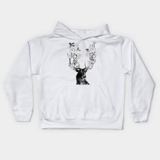 Stag and Roses | Stag and Flowers | Black and White | Kids Hoodie